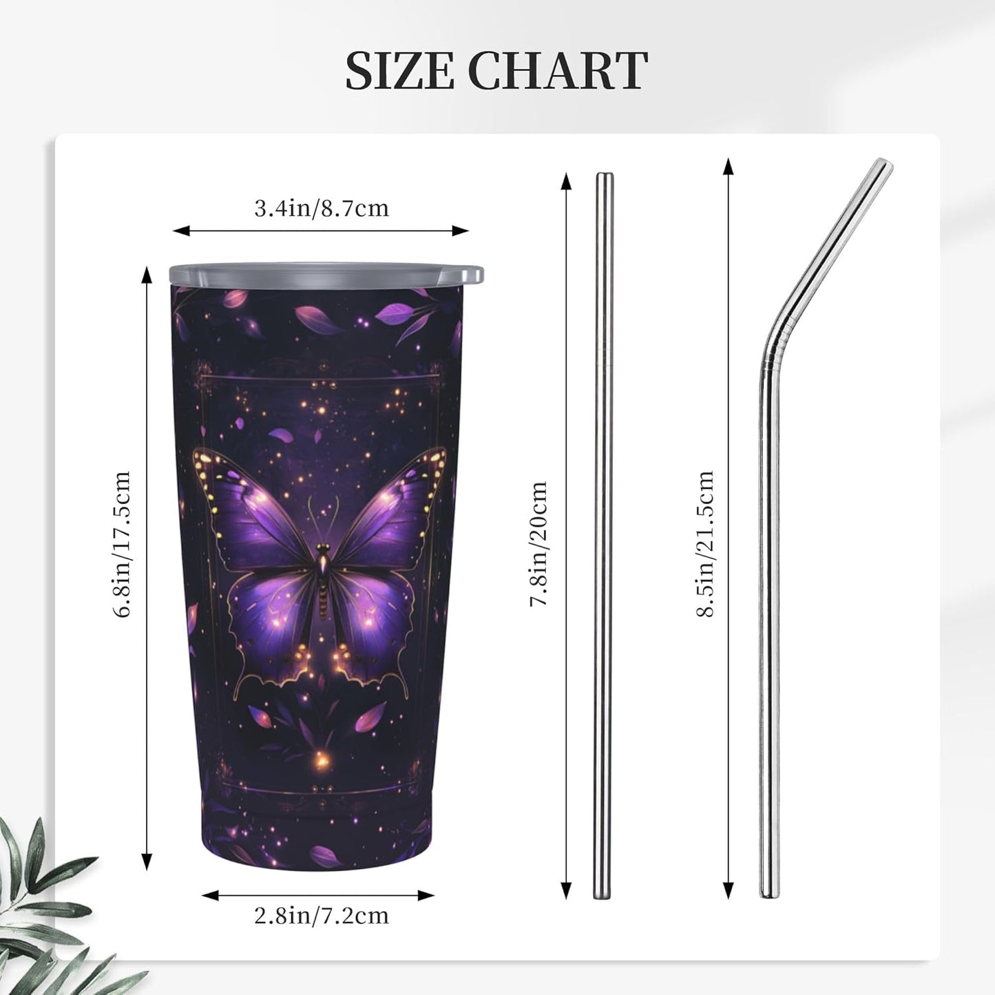 Butterfly Tumbler with Lid and Straw 20oz Coffee Tumblers Leakproof Stainless Steel Travel Mug Vacuum Insulated Cup for Iced and Hot