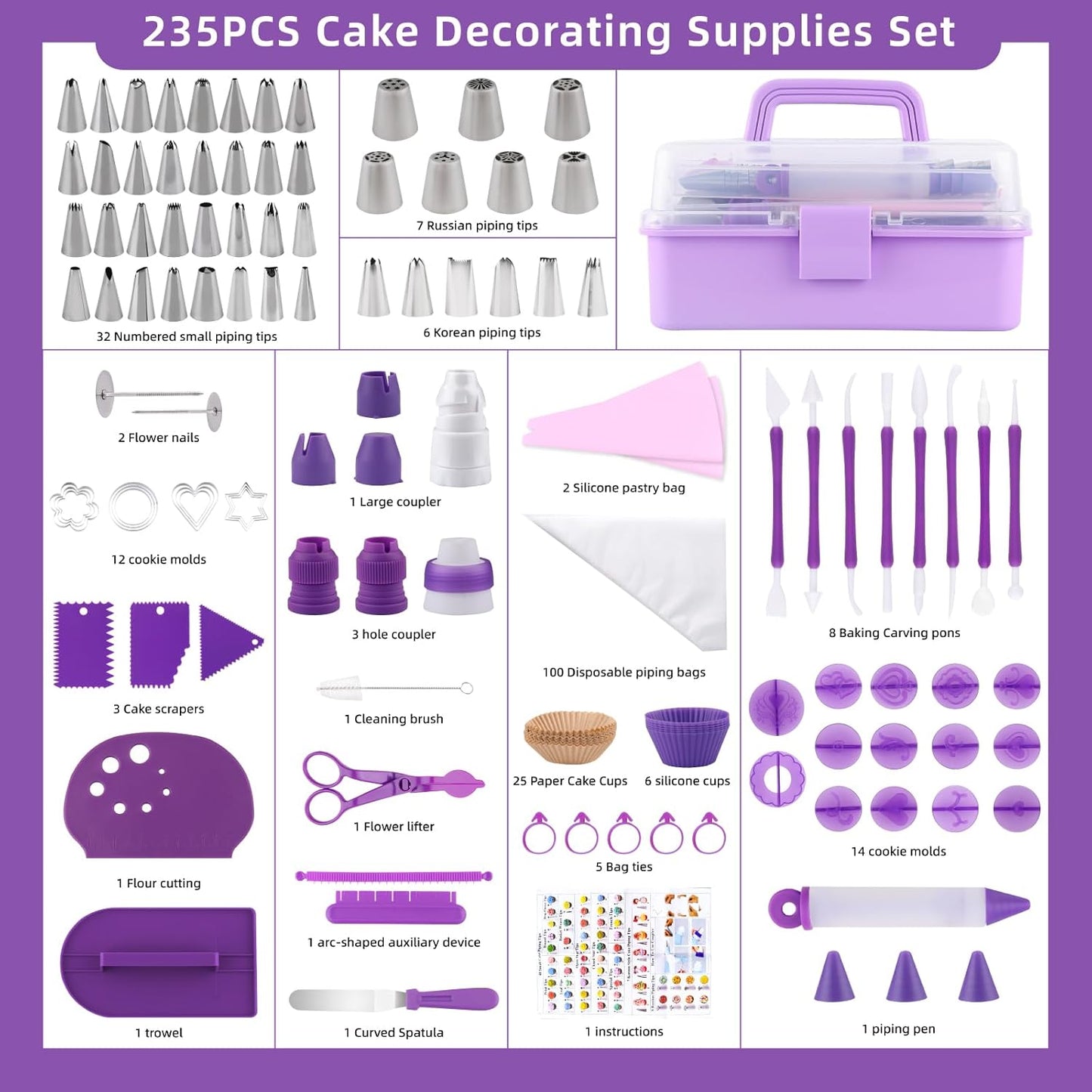 Cake Decorating Kit: Decorating Supplies Tools Kit 235 PCS Baking Accessories Include Spiping Bags and Tips Set, Piping Tips Set, Spatulas, Cake Scraper, 100 Piping Bags, Purple