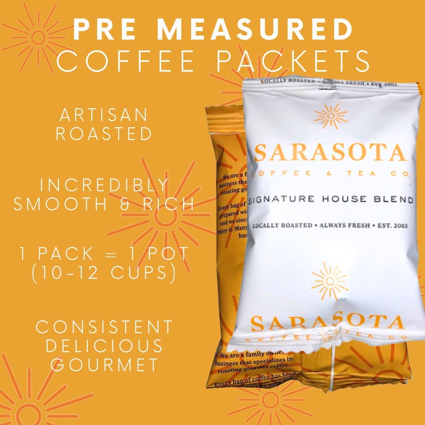 Sarasota Coffee Ground Packets | Gourmet Medium Roast Bulk Coffee Packs | Breakfast Blend | Low Acid Mold Free Singles Individual Pouches for 12 Cup Coffee Maker | 2.5 Ounce Bags, 36 Count