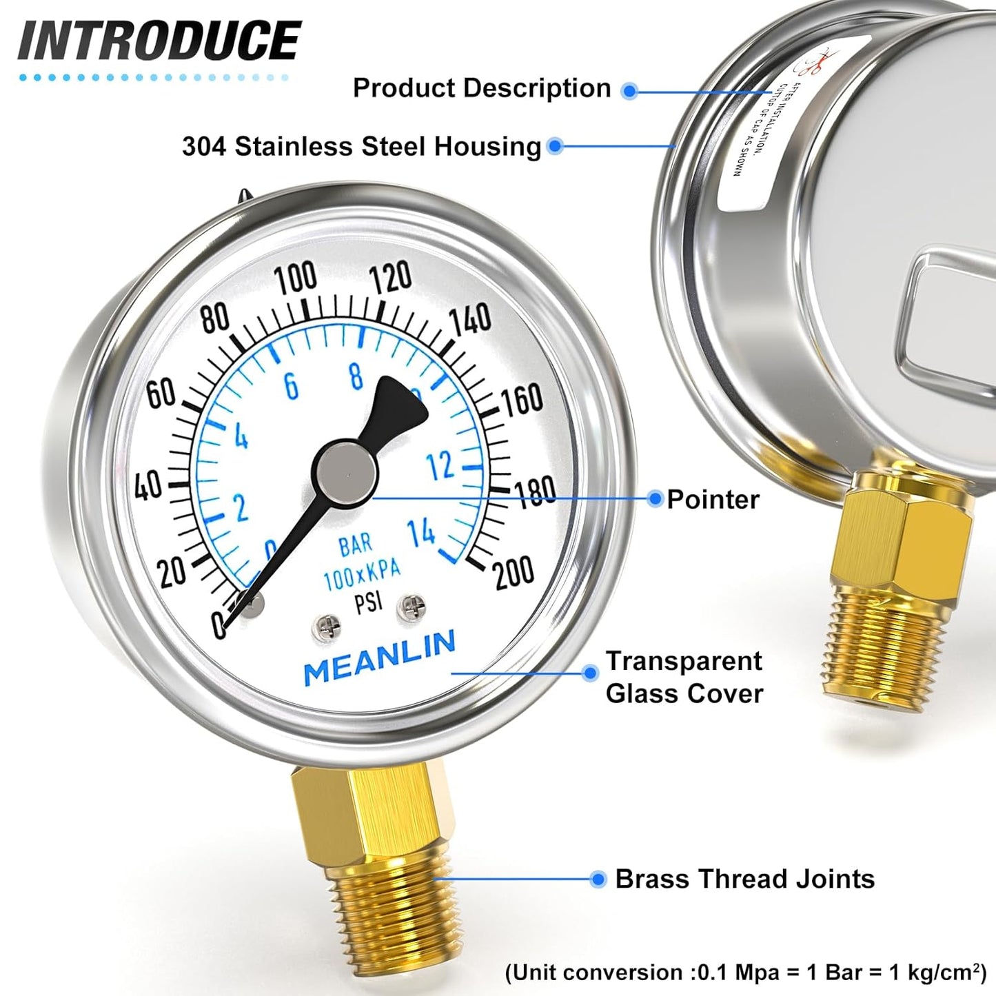 MEANLIN MEASURE 0~200Psi Dry Pressure Gauge Stainless Steel 1/4" NPT 2" FACE DIAL Waterproof for Air Compressor Air Regulator Water Filter Lower Mount, with 1/2" NPT and 3/8" NPT Hex Bushing