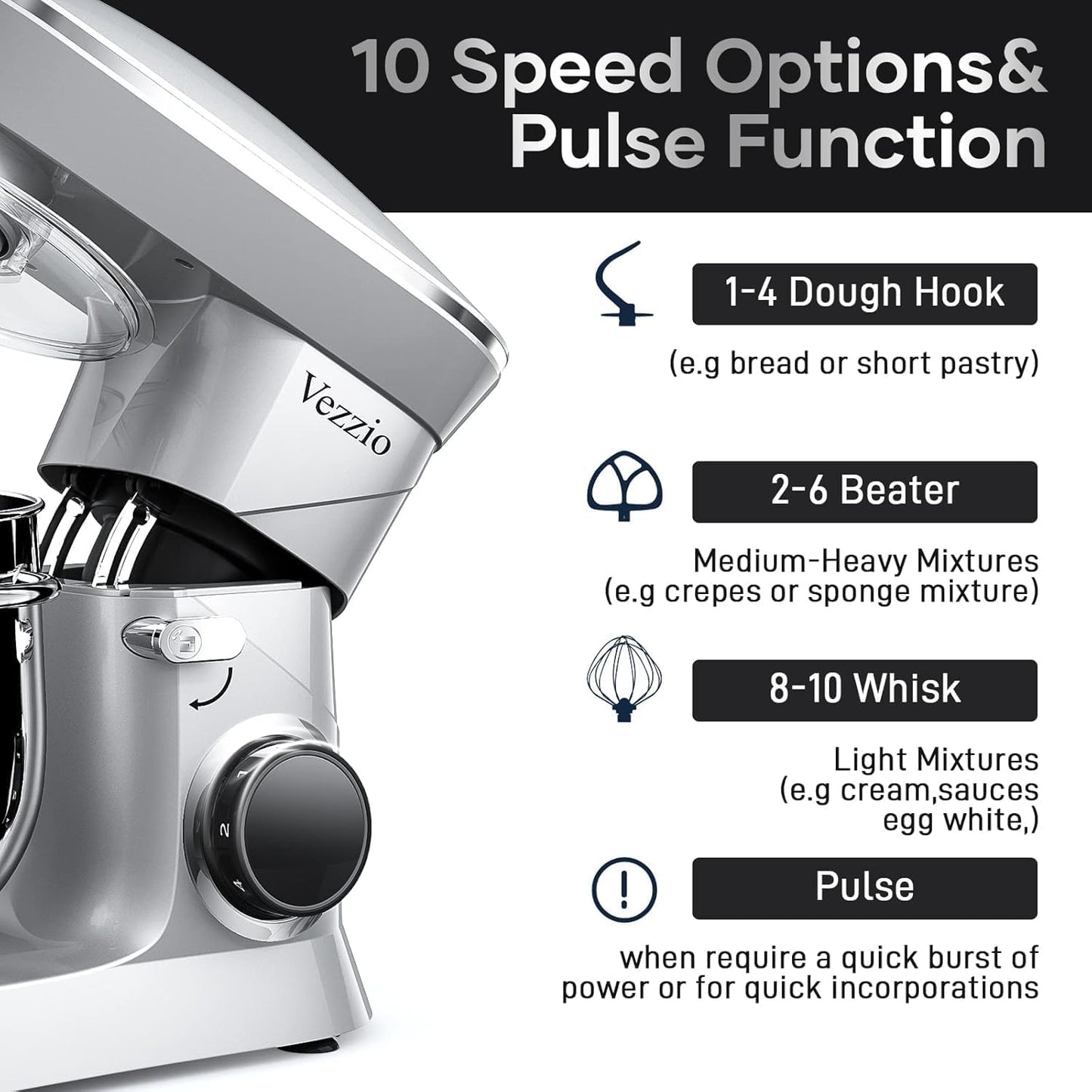 9.5 Qt Stand Mixer, 10-Speed Tilt-Head Food Mixer, Vezzio 660W Kitchen Electric Mixer with Stainless Steel Bowl, Dishwasher-Safe Attachments for Most Home Cooks(Silver)