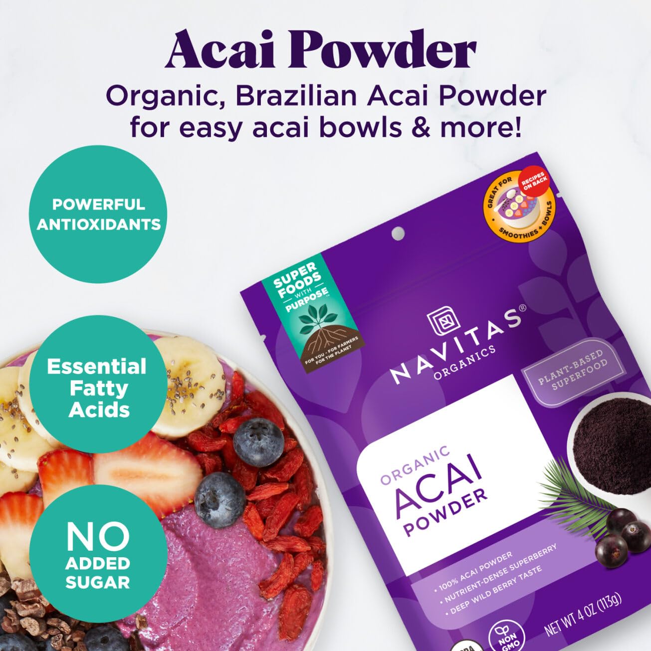 Navitas Organics Acai Powder – for Smoothie Bowls, Oatmeal, Dips, Sauces & More – Antioxidants, Omega 3 6 9, Fiber - USDA Organic, Non GMO, Kosher, Gluten Free, Keto (4oz. Bag, 38 Servings)