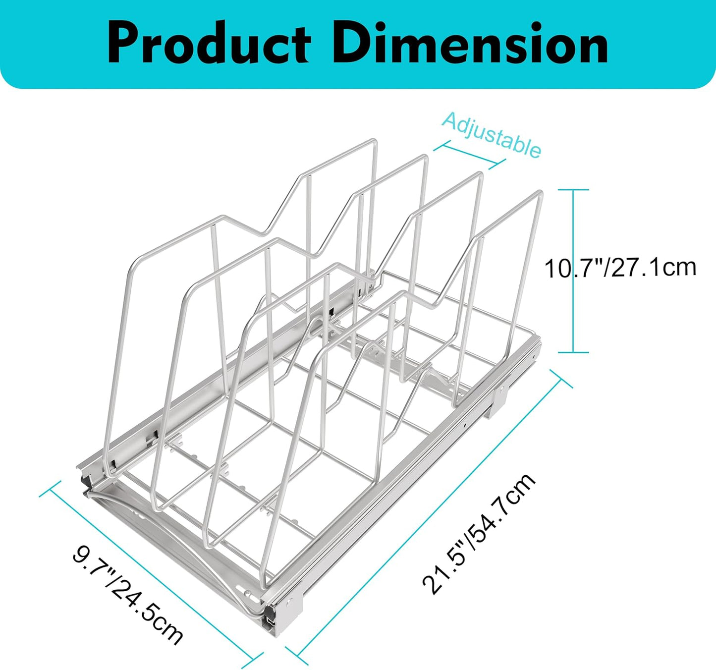 Pull Out Cookie Sheet Organizer for Cabinet, Pan and Pot, Cutting Board, Bakeware, Tray Organizer Rack, Sliding Rack- Heavy Duty, Adjustable Divider Width, 10" W x 22" D x 11" H, Chrome