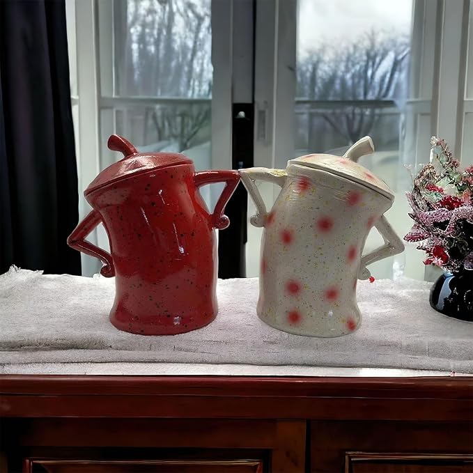 Canister with Attitude, Creative Forked Waist Jars with Lids, Retro Spotted Cup Food Cans Kitchen Storage Jars Airtight Canister for Tea Pot Desktop Cup Ornament(Red)