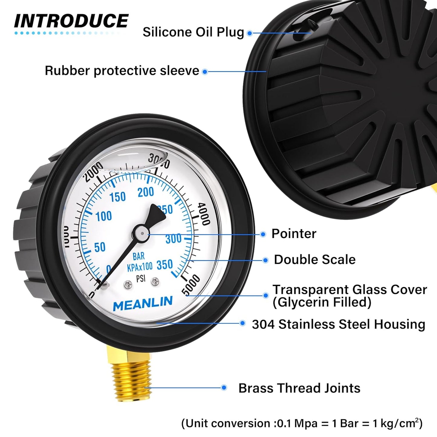 MEANLIN MEASURE 0~5000Psi Stainless Steel Liquid Filled Pressure Gauge 1/4" NPT 2.5" FACE DIAL with Rubber Protective Sleeve, Lower Mount