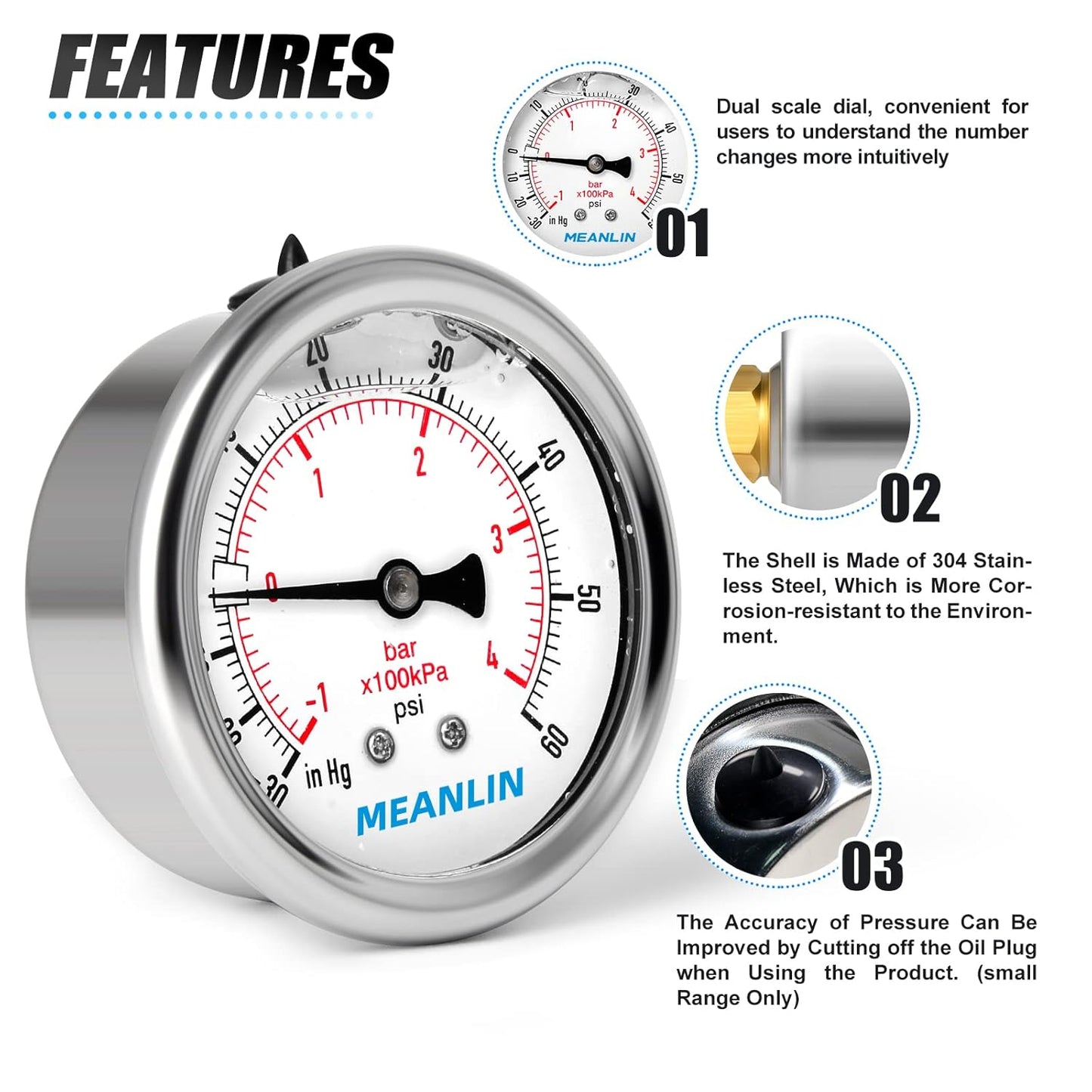 MEANLIN MEASURE -30inHG~60Psi Stainless Steel 1/8" NPT 2.5" FACE DIAL Vacuum Pressure Gauge, Center Back Mount, with 1/4" NPT and 3/8" NPT Hex Bushing