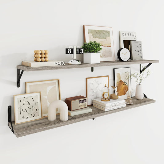 Dreamland Deep Floating Shelves for Wall, 48W x 8D Wall Mounted Shelves Set of 2, Wide Display Ledge Shelf with Sturdy Metal Brackets for Living Room, Bathroom, Bedroom and Kitchen, Grey