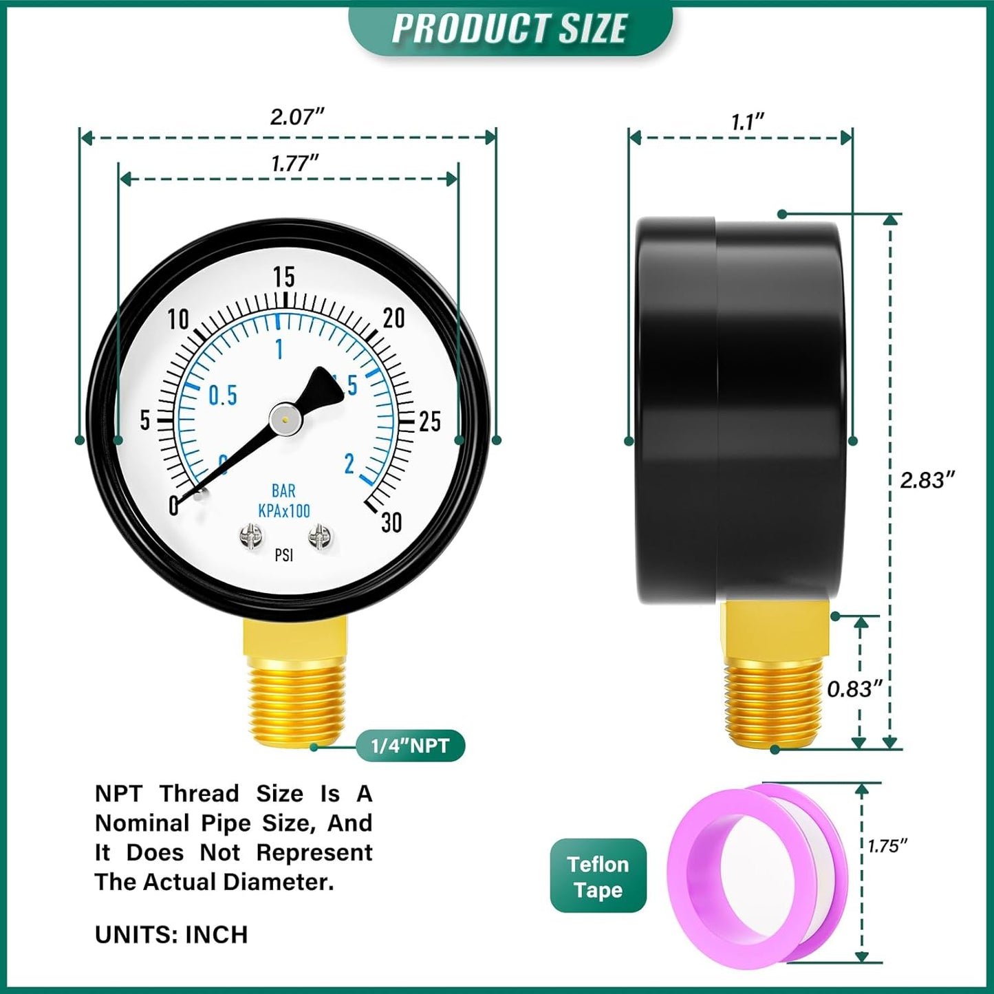 0-30PSI Well Pump Pressure Gauge 2" Dial Size, 1/4" NPT Lower Mount, 3-2-3% Accuracy, for Tube, Water Pump, Gas, Liquid, Pressure Test