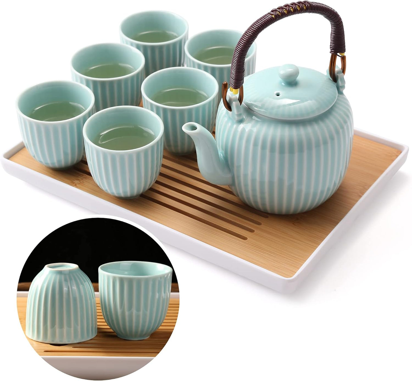 Dujust Japanese Tea Set, Cyan-blue Porcelain Tea Set with 1 Teapot Set, 6 Tea Cups, 1 Tea Tray, 1 Stainless Infuser, Asian Tea Sets for Adults/Tea Lover/Women/Men (Bamboo - Straight Grain Design)