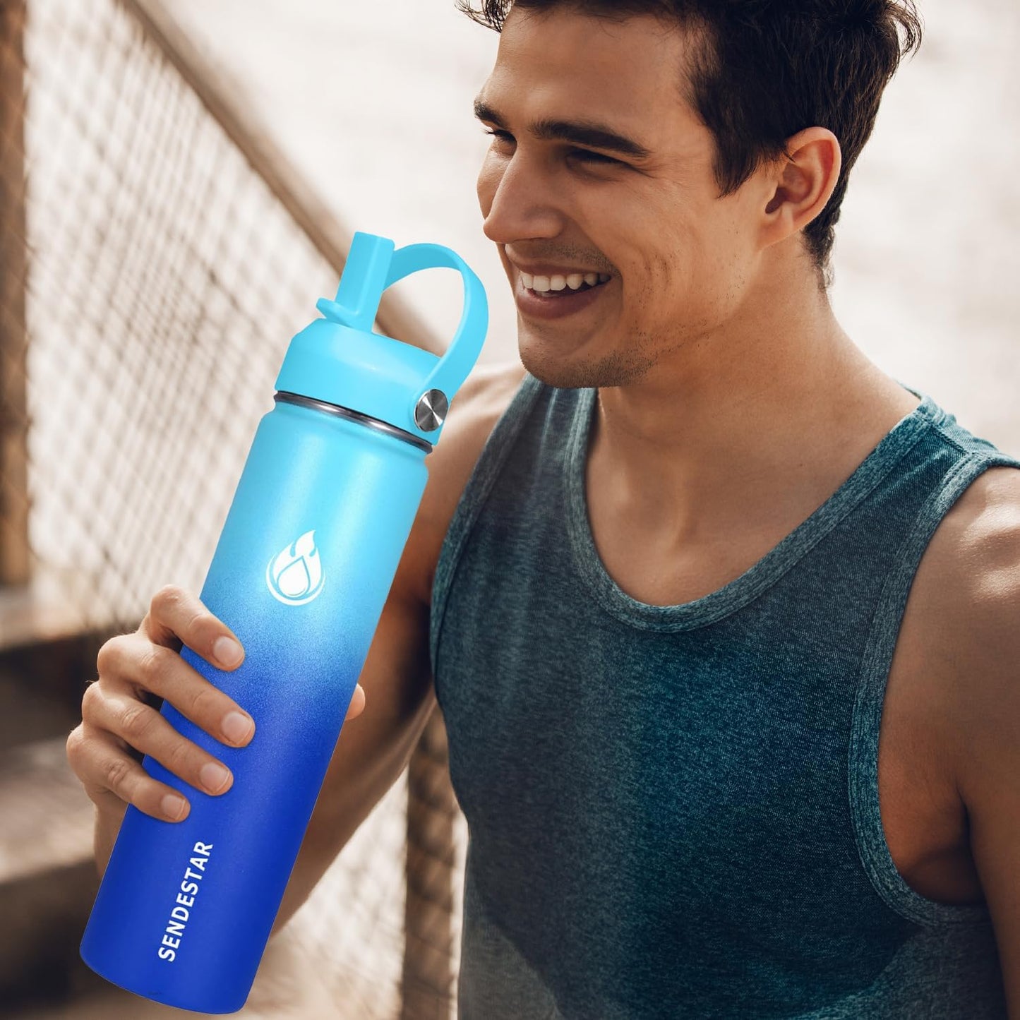 SENDESTAR Stainless Steel Wide Mouth Water Bottle 24oz Double Wall Vacuum Insulated Leak Proof Bottle with New Flex Straw Lid & Spout Lid XIN-MC-0750-1