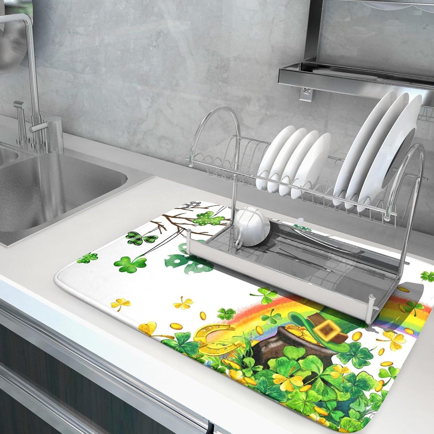 Giwawa St Patrick Dish Drying Mat Large Lucky Clover Tree Shamrock Dish Drainer Mats 18x24inch Spring Elf Hat Rainbow Colorful Fast Drying Absorbent Dish Drying Pad for Kitchen Counter Decor