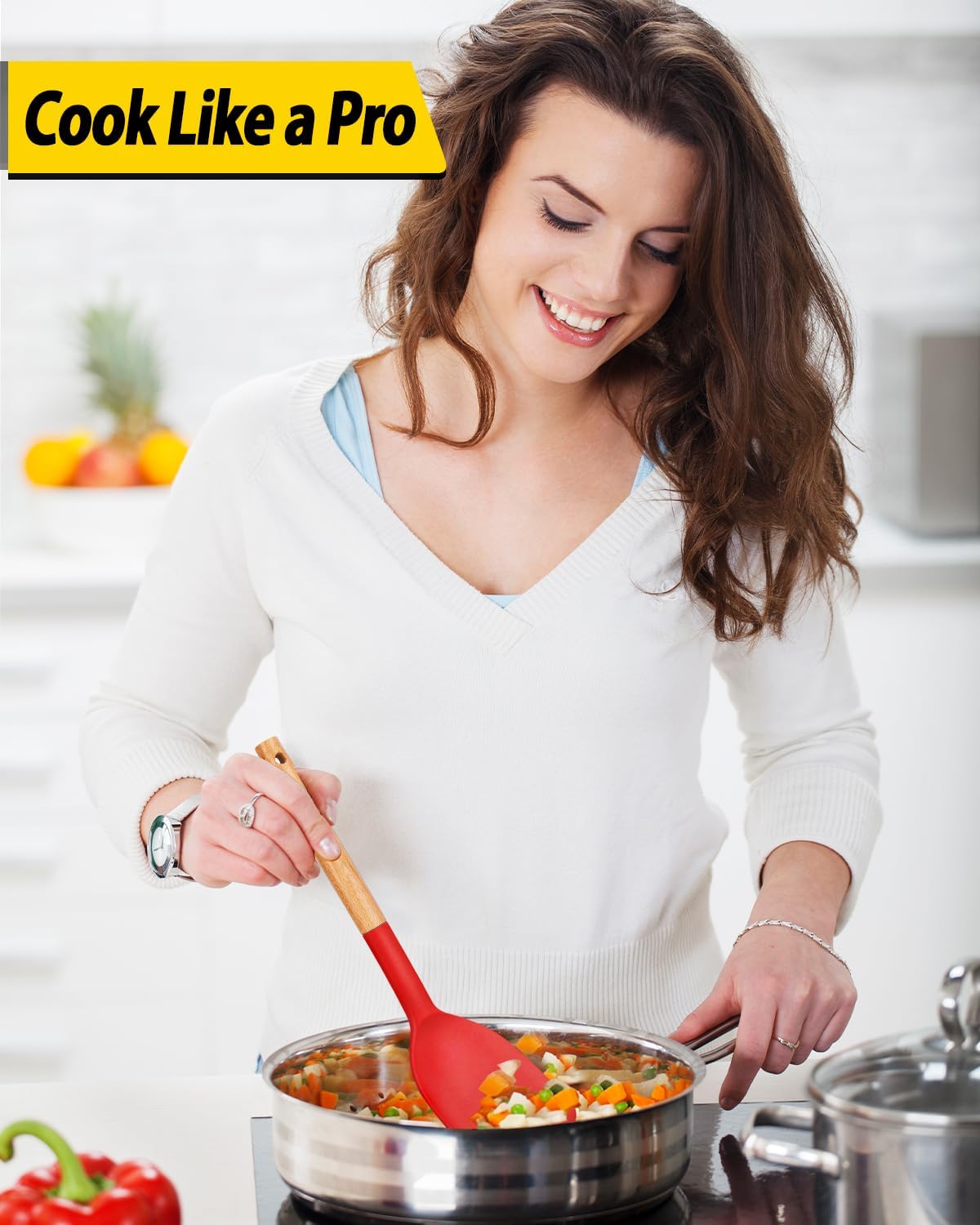 Pack of 4 Silicone Cooking Utensils Set, Non Stick Solid Spatulas and Heat Resistant Slotted Spoons with Wooden Handle, Ideal Wood Kitchen Utensils Set for Frying,Serving,Turning,Stirring (RED)