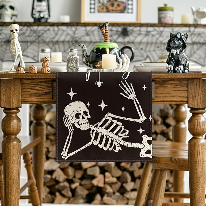 Artoid Mode Spooky Skeleton Spider Bone Halloween Table Runner, Holiday Kitchen Dining Table Decoration for Home Party Decor 13 x 36 Inch