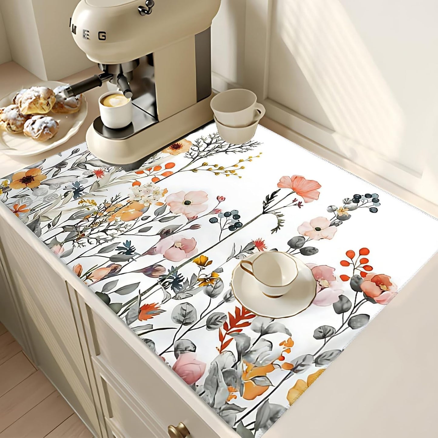 2Pcs Dish Drying Mats Faucet Mats Sets Large Size Coffee Mats Sink Faucet Mat Splash Guard for Kitchen Counter Bathroom Sink Coffee Bar Kitchen Decor (Colorful Wildflowers, 18"x24" 15" x 5.5"Set)