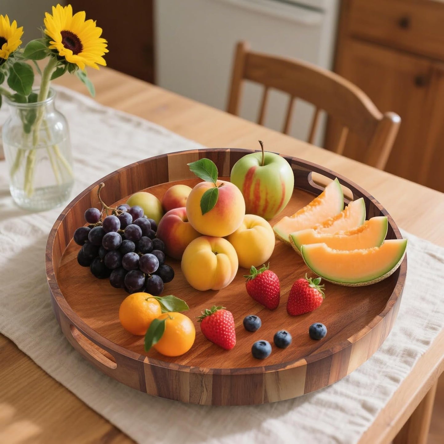 Extra Large Tray for Ottoman 22" Wooden Tray Ottoman Trays Large Acacia Wood Serving Tray with Handles Wooden Trays for Party, Food Serving, Breakfast, Dinner, Coffee Tea, Appetizers