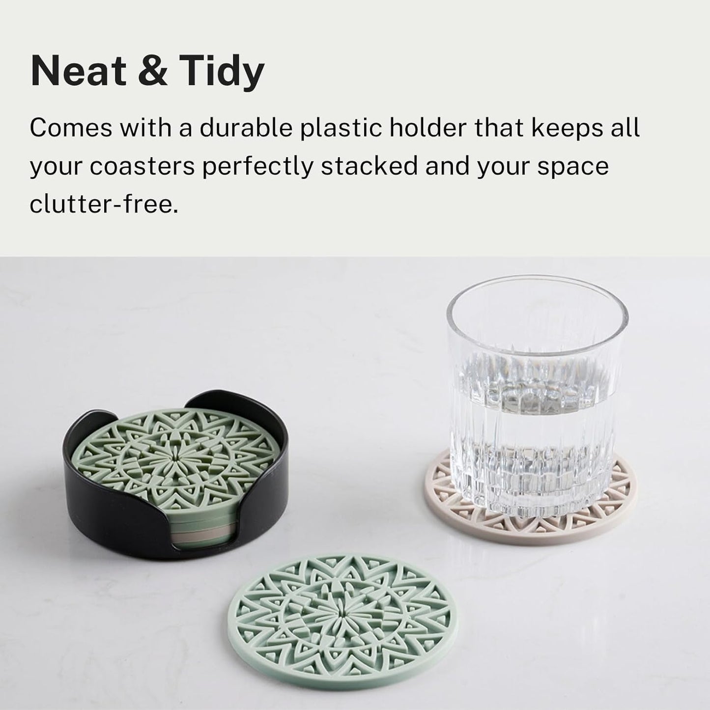 Set of 6 Dark Gray Silicone Coasters with Holder, Drink Coasters with Tribal Pattern Shape- for Table Protection, Anti Slip, Nonstick, Heat Resistant, Deep Tray