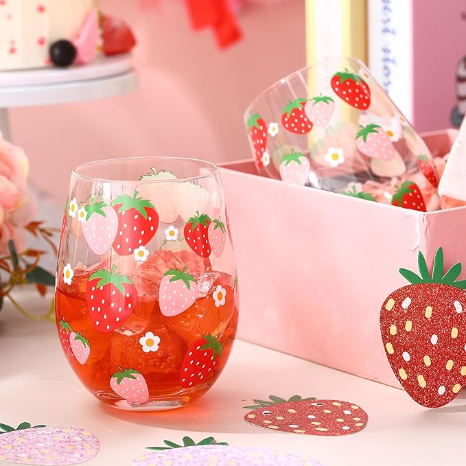 Sliner 2 Pack 17oz Strawberry Stemless Wine Glasses for Women Strawberry Cups Colorful Conversation Drinking Glass for Mother's Day Gift Birthday Party Supplies Graduation Gifts Theme Events