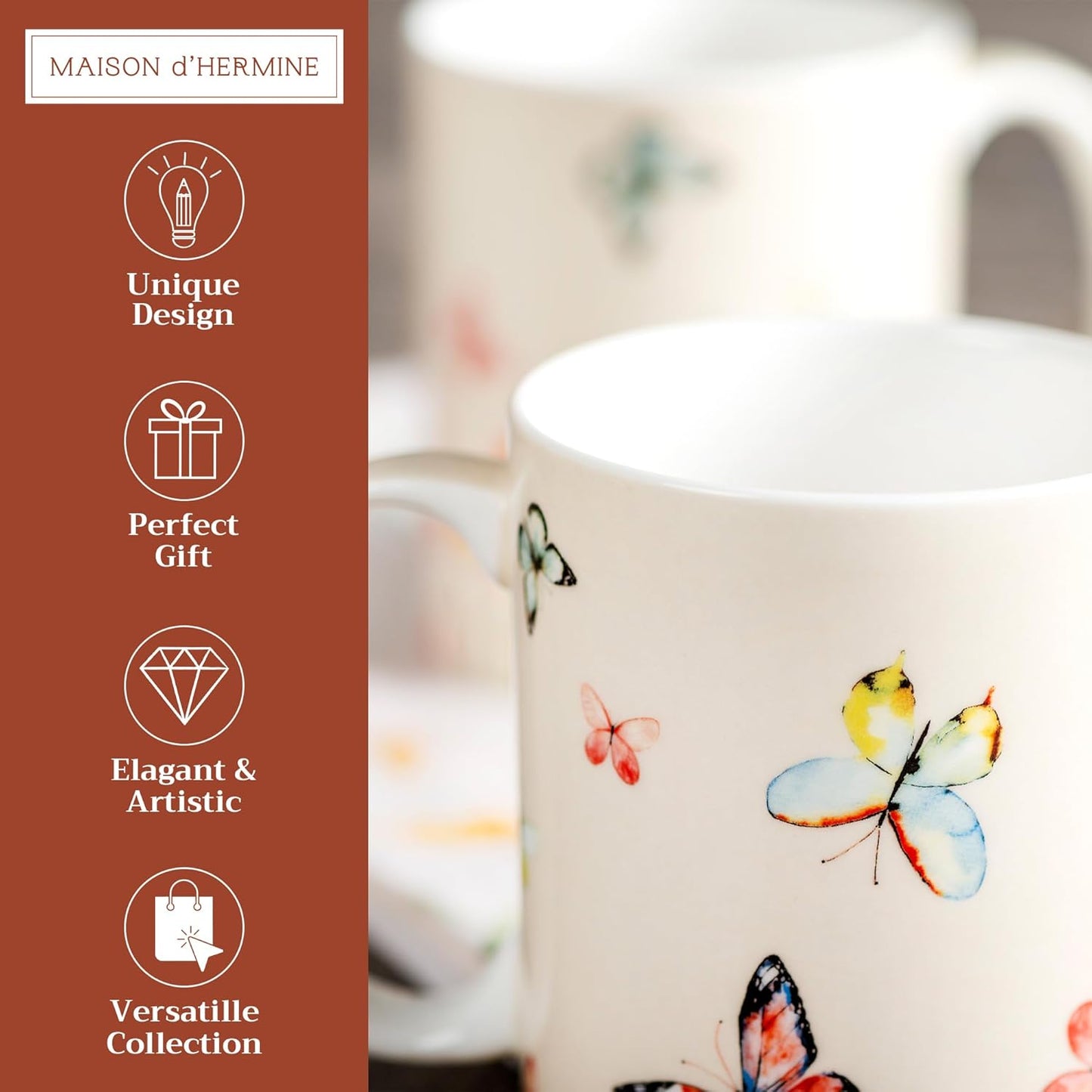 Maison d' Hermine Coffee Mug with Handles Fine Bone China Mugs Pack of Two Tea Cups for Hot Beverages Cappuccino Latte Home Restaurant Office Perfect for Gift (Botanical Fresh, 12 Ounce)