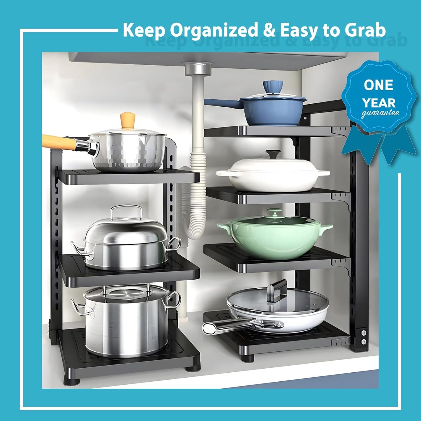 Pot and Pan Organizer Rack for under Cabinet, Heavy Duty Pot Pan Rack under Sink Organizers and Storage, Pot lid organizer, Kitchen Cabinet Organizer with 4 Adjustable Tiers