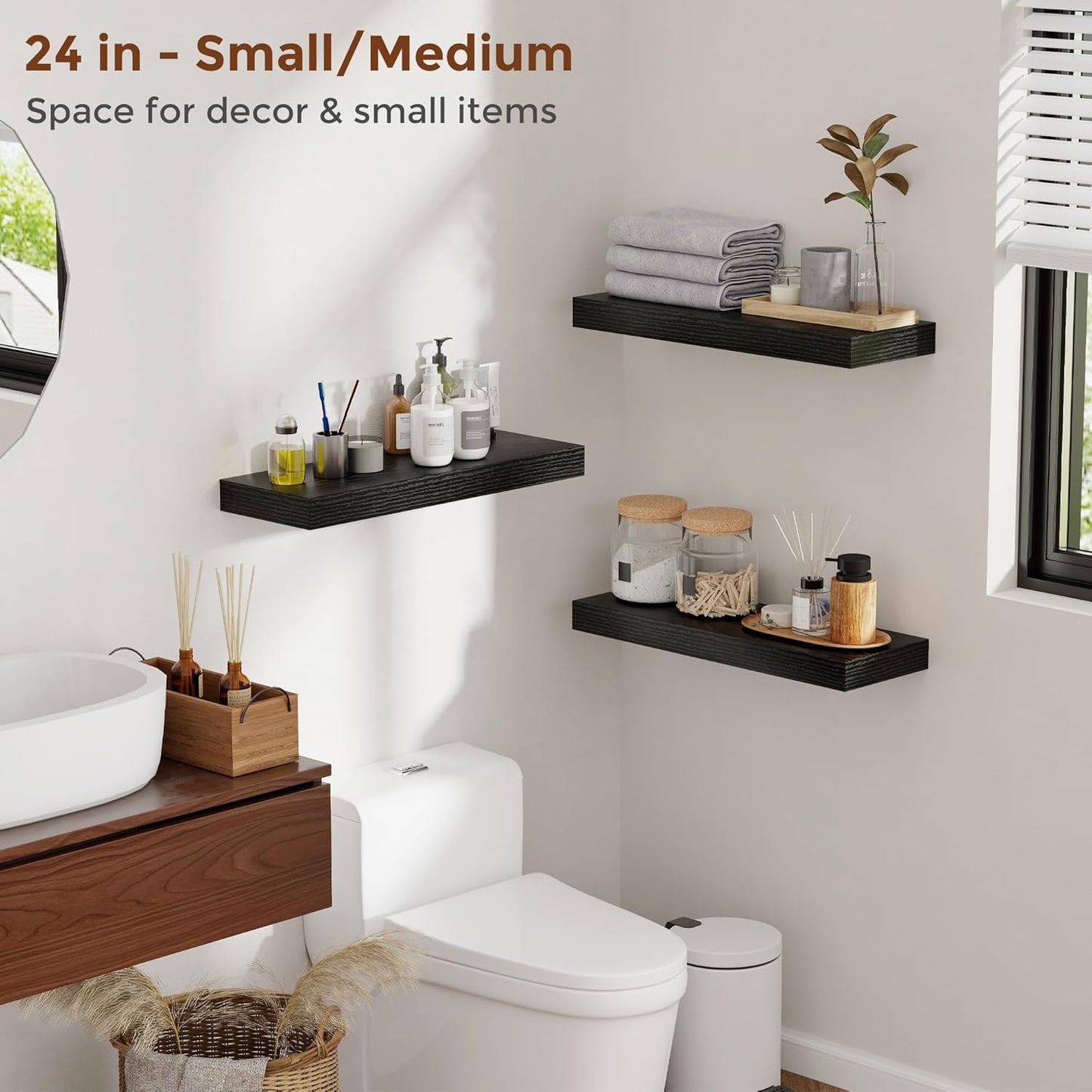 Heimlove 24 Inch Floating Shelves for Wall Black Shelves Set of 2,Wall Mounted Rustic Wood 8 Inch Deep Floating Shelf with Invisible Brackets for Bedroom Kitchen Living Room