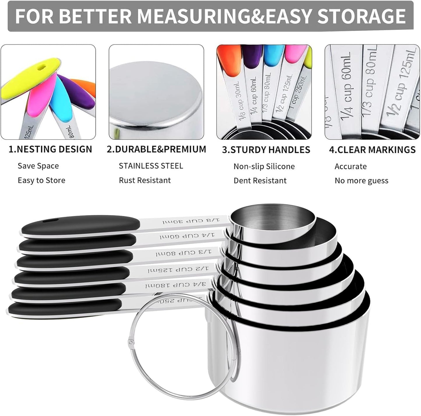 TILUCK measuring cups and magnetic measuring spoons set, stainless steel measuring cups, 6 double-sided stainless steel measuring spoons & 1 leveler (6+7)