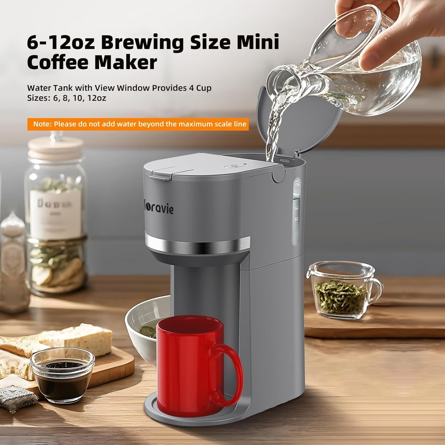 Mini Single Serve Coffee Maker for K Cup and Ground Coffee, Fast Brew One Cup Coffee Machine with Descaling Reminder and Water Window, 6 to 12 oz. Brew Sizes, Grey