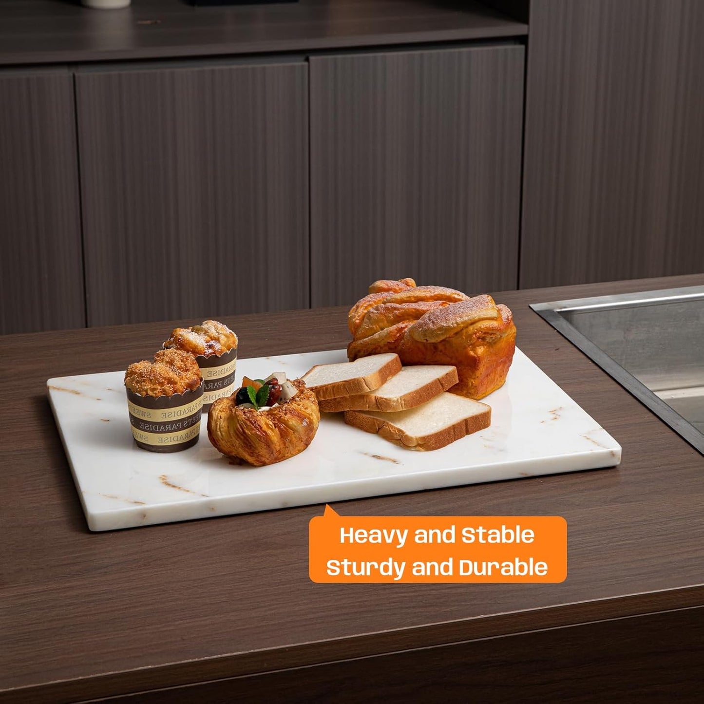 White Marble Cutting Board, Marble Slab Pastry Board With Non-Slip Feets For Baking, Cheese, Charcuterie, Chocolate, 12x20 Inch, Pack Of 1 Piece