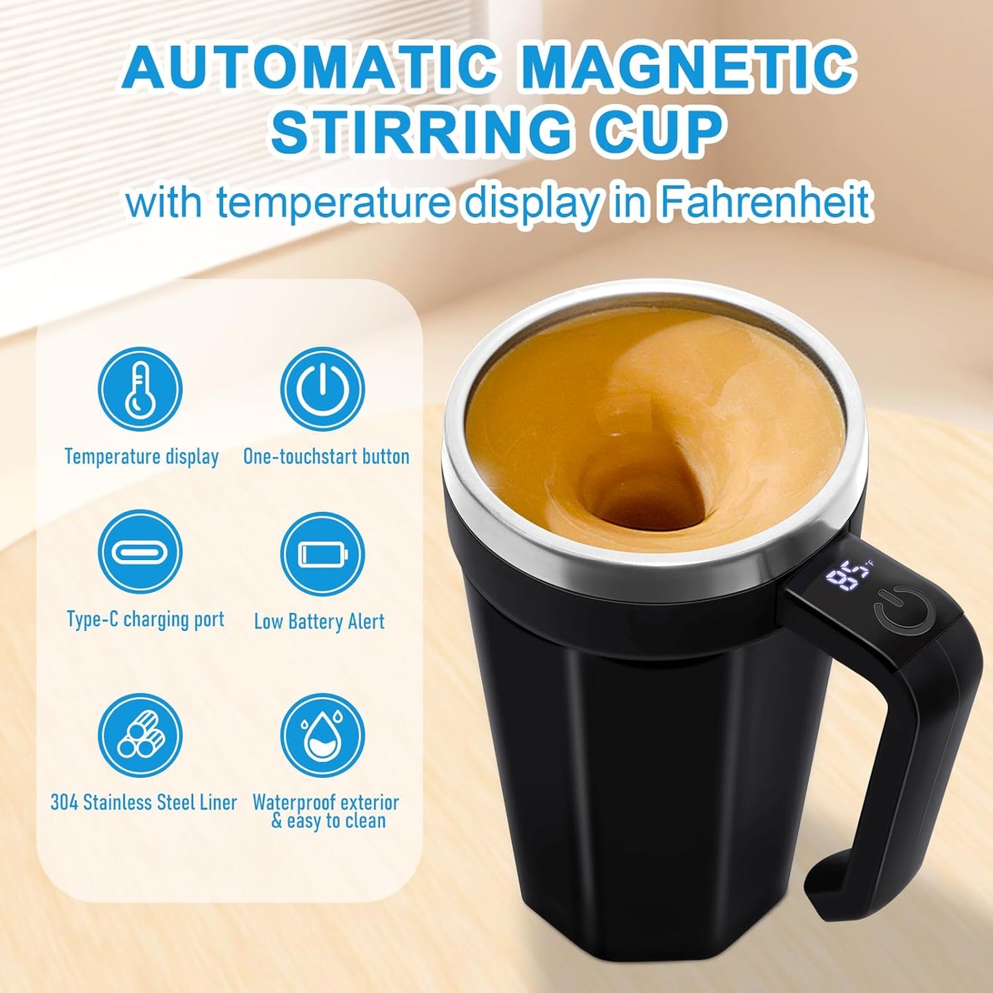 Self Stirring Coffee Mug with Temperature Display, 15oz Automatic Magnetic Mixing Cup, Rechargeable Travel Mug for Coffee, Milk, Cocoa - (Black)