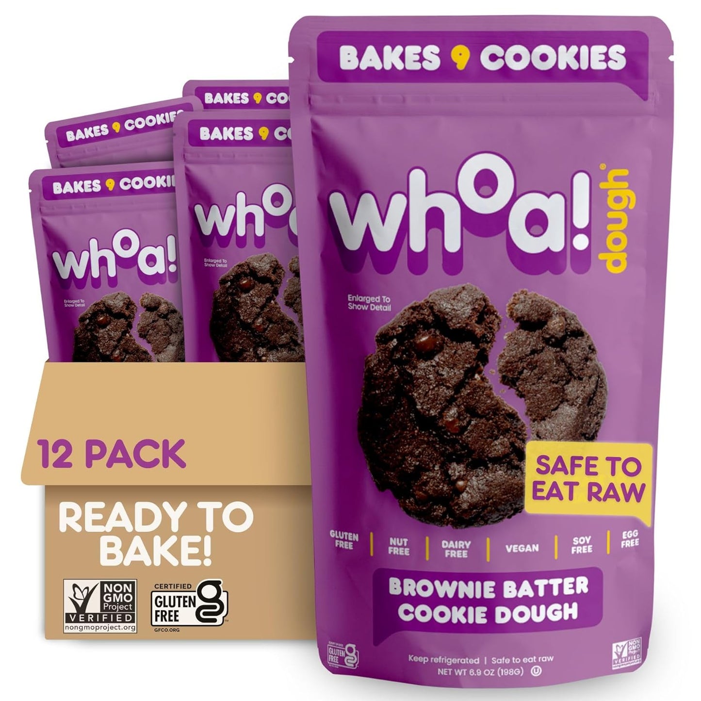 Whoa Dough Ready to Bake Cookie Dough Brownie Batter – Certified Non-GMO, Kosher, Gluten Free – Plant-Based Snack Dough Made with Real Ingredients – 12 Pack