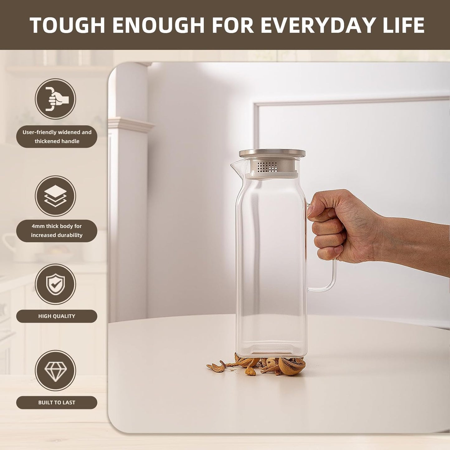 Glass Water Pitcher with Lid and Spout, 2L/68 Ounces Heat Resistant Borosilicate Glass Carafe, Temperature Safe