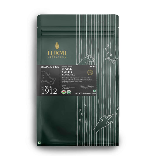 Luxmi Estates Garo Hills Organic Earl Grey Black Tea 50 Tea Bags (100gm) Pack | USDA Organic - Earl Grey Tea Bags | 100% Natural Bergamot Extracts | 50 Cups |Assam Black Tea