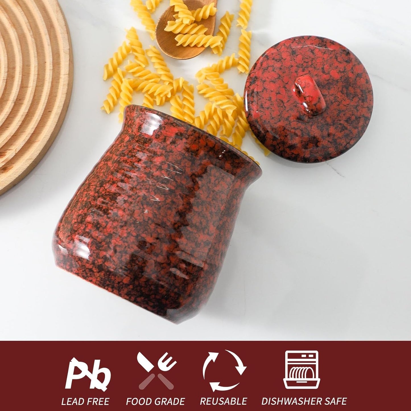 Ceramic Food Storage Jar, Coffee Canister for Countertop with Lids Airtight, Large Flour,Spices,Beans,Rice and Candies Containers for Kitchen and Home,Gift for Halloween,Farmhouse,35 OZ Red