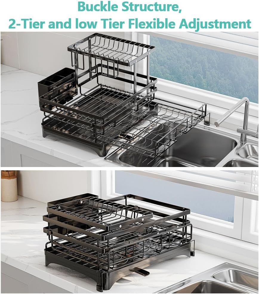 2 Tier Dish Drying Rack - Large Extendable Dish Rack, 2-in-1 Anti-Rust Stainless Steel Dishrack for Kitchen Counter and Sink, Dish Strainer with Utensil Holder & Cup Holder(Black)