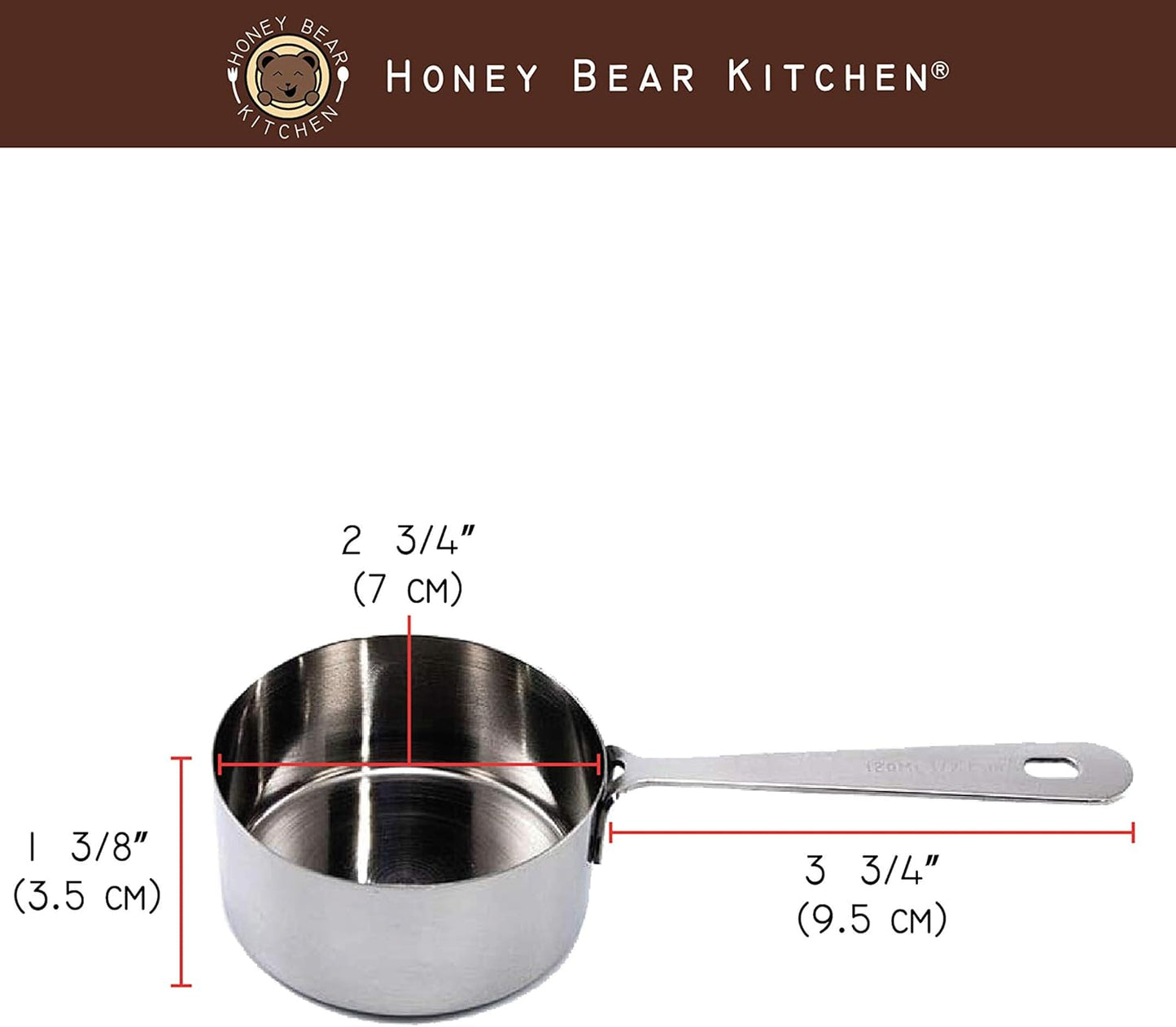 Honey Bear Kitchen 1/2 Cup 120 ml Measuring Scoop Cups, Polished Stainless Steel (Set of 2)