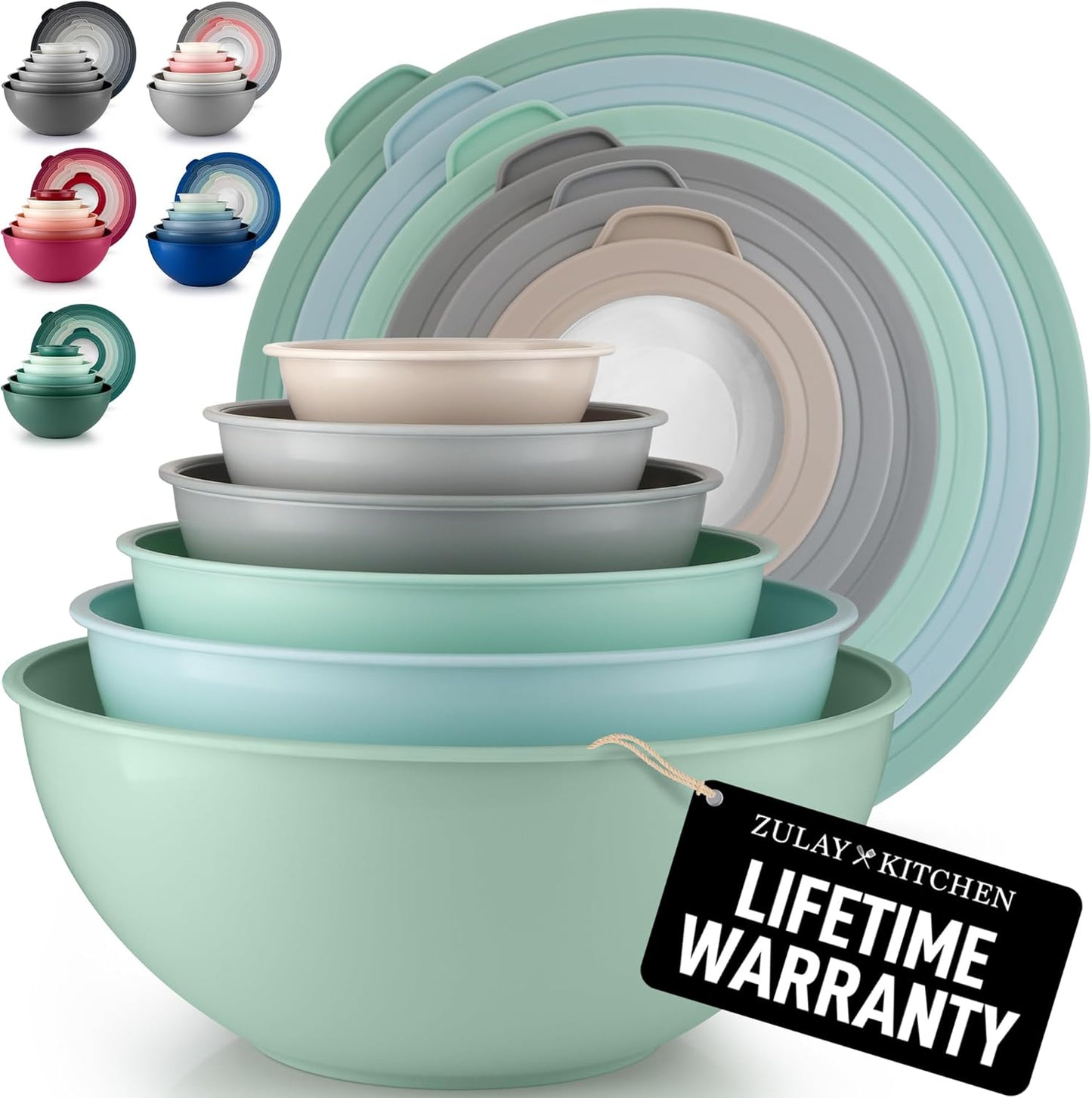 Zulay Kitchen 12 Piece Plastic Nesting Mixing Bowl Set - Colorful Bowls with Lids - Microwave and Freezer Safe (Mint Ombre)