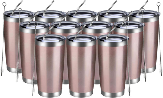 MEWAY 20oz Tumbler 12 Pack Double Wall Vacuum Insulated Travel Mug Bulk, Stainless Steel Tumblers with Lid and Straw, Durable Powder Coated Coffee Cups for Cold & Hot Drinks (Rose Gold, 12)