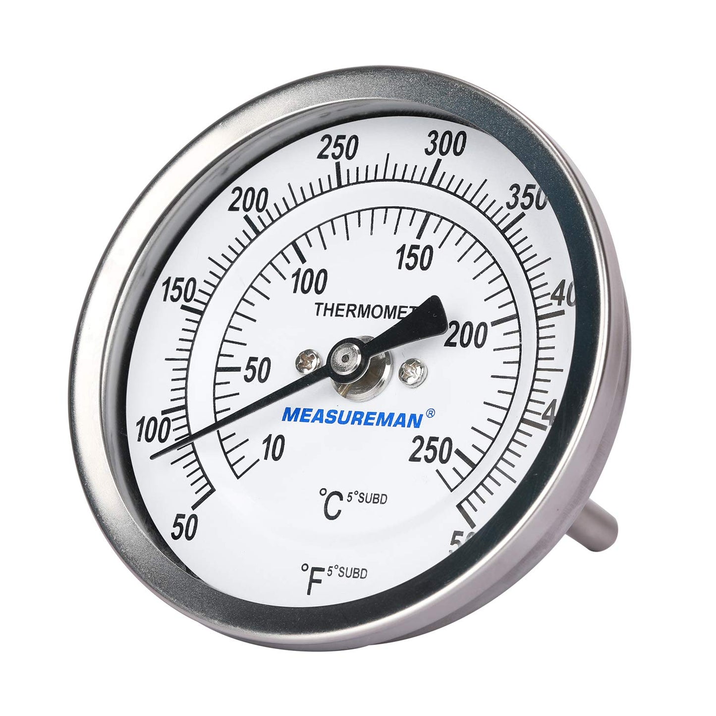 Measureman Fully Stainless Steel Bimetal Dial Thermometer, 3" Dial, 2-1/2" Stem, 50-500 deg F/10-260 deg C, -1% Accuracy, Adjustable, 1/2" NPT Back Mount