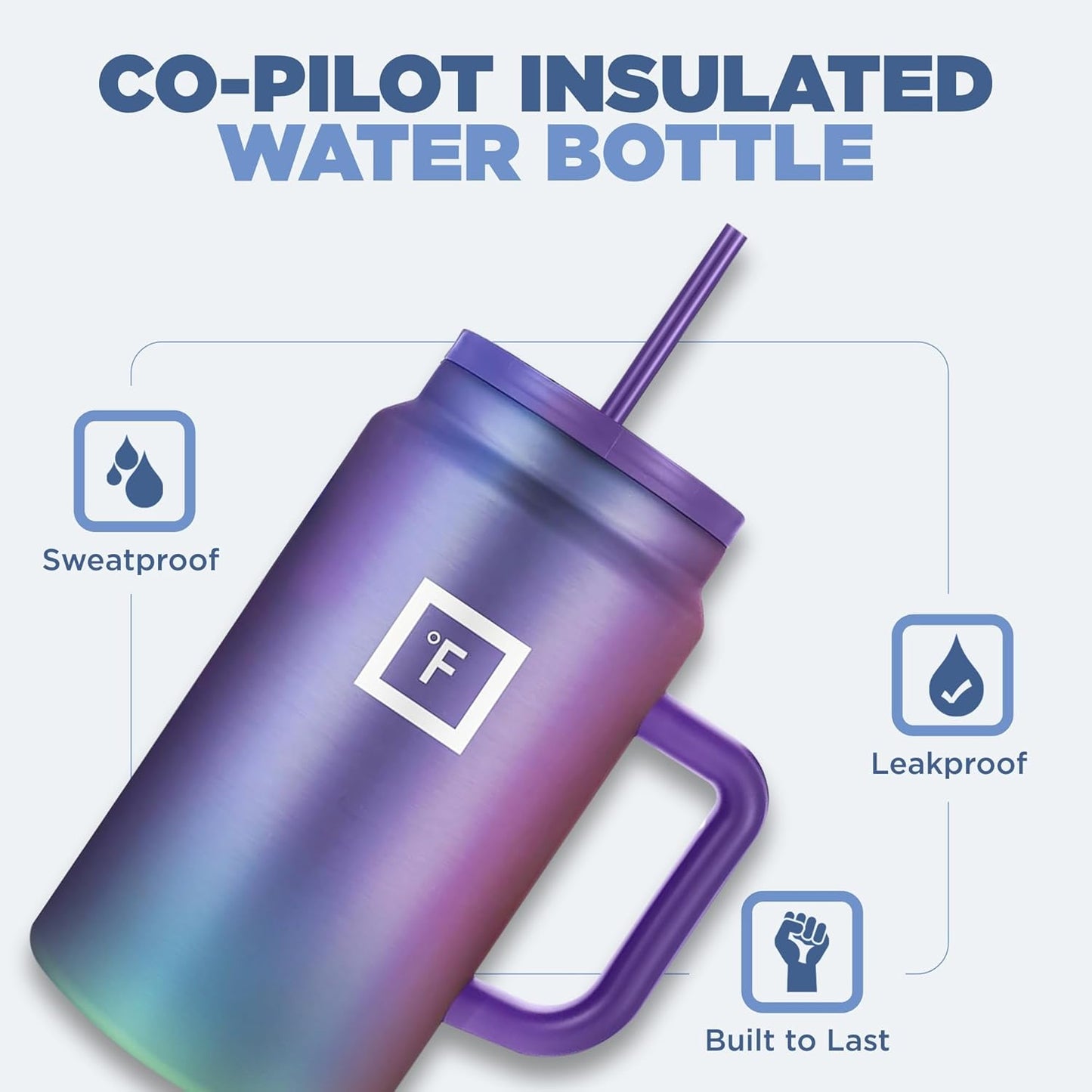 IRON °FLASK Co-Pilot Insulated Mug w/Straw & Flip Cap Lids - Cup Holder Bottle for Hot, Cold Drink - Leak-Proof - Water, Coffee Portable Travel Mug - Lavender, 50 Oz