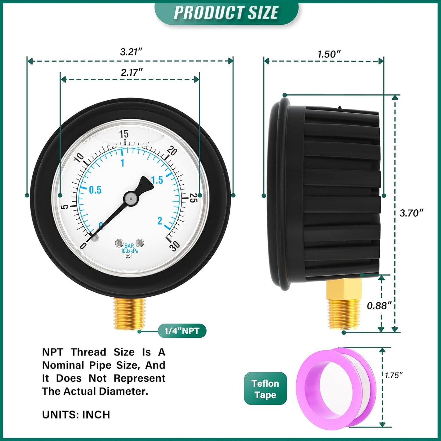 0-200PSI Stainless Steel Liquid Filled Pressure Gauge, 2.5" Dial Size, 1/4" NPT Lower Mount, with Rubber Protective Sleeve, for Tube, Water Pump, Gas, Liquid, Pressure Test