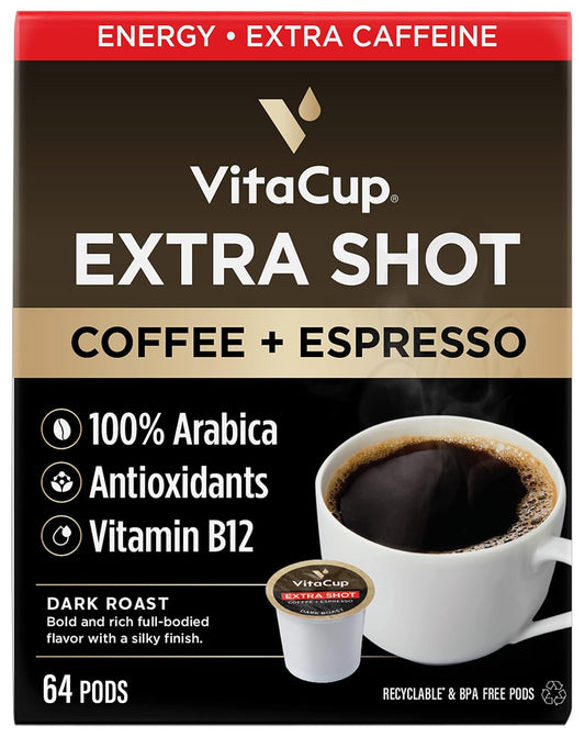VitaCup Extra Shot Strong Coffee Pods, Bold & Intense Dark Roast w/Espresso Shot, High Caffeine, Vitamin B12, Antioxidants, Recyclable Single Serve Pod Compatible with Keurig K-Cup Brewers, 64ct