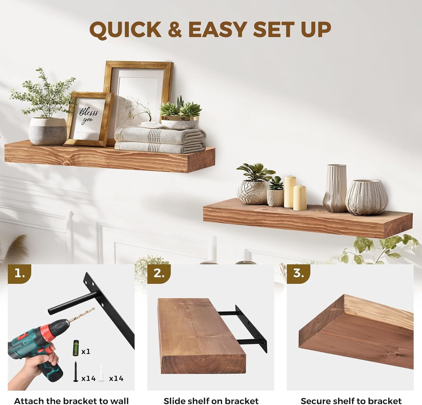 24x8x1.6 inch Floating Shelves Set of 2 – Solid Wood Rustic Oak Wall Mounted Shelf for Kitchen, Bathroom, Living Room