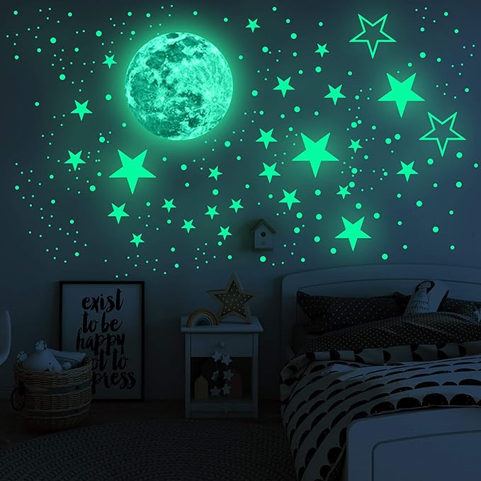 Luminous Wall Decals Ceiling Stickers Glow in The Dark Moon and Stars Starry Sky Shining Decals Room Decoration Perfect Gifts for Kids Bedroom Bedding Room, 1 Moon + 436 Stars and Dots