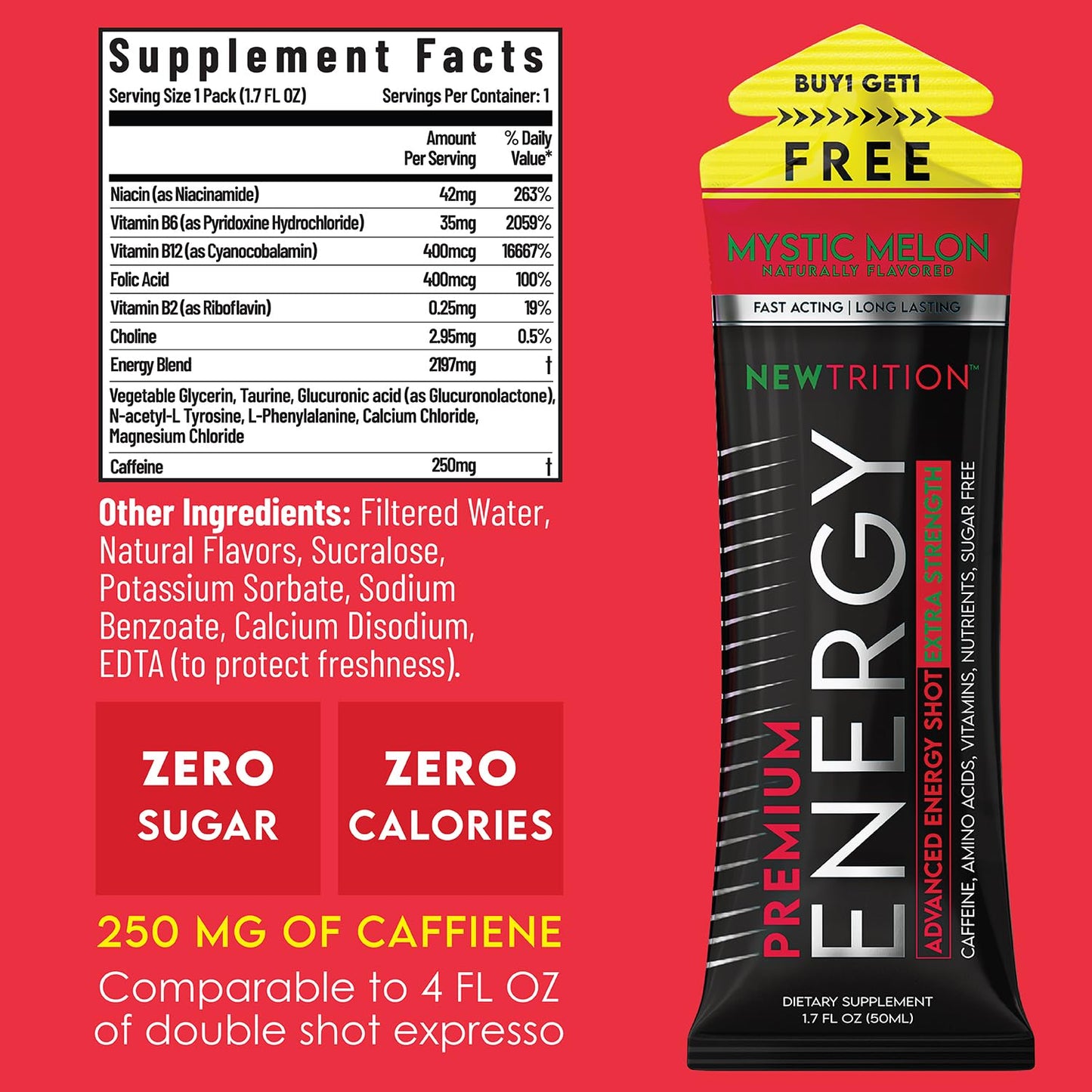 NewTrition® Extra Strength Energy Shots, 250mg Caffeine Energy Shots with Vitamin B & Amino Acids, Sugar-Free Vitamin Energy Shot, 1.7 fl oz (Pack of 24, Mystic Melon)