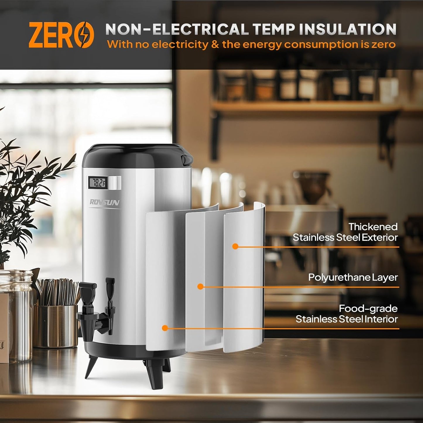 ROVSUN 3.2 Gallon Insulated Beverage Dispenser, Stainless Steel Hot and Cold Drink Dispenser, Ice and Hot Drink Server w/Spigot, Hot and Cold Beverage Server for Coffee, Tea, Milk & Juice