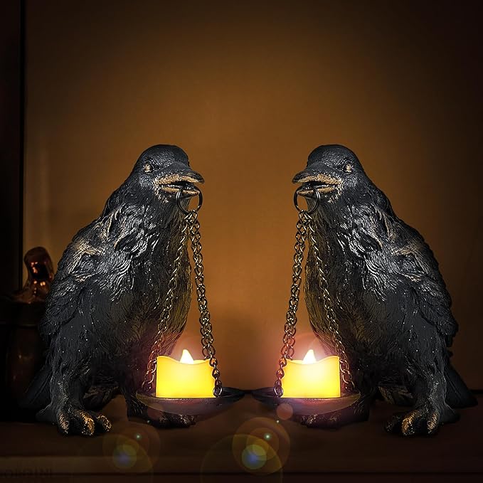 Raven Gothic Home Decor Fake Crow Light Holder Raven Lamp Tealight Candle Holder Resin Raven Statue Wearing Gold 2PCS