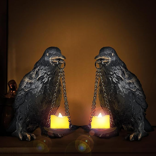 Raven Gothic Home Decor Fake Crow Light Holder Raven Lamp Tealight Candle Holder Resin Raven Statue Wearing Gold 2PCS