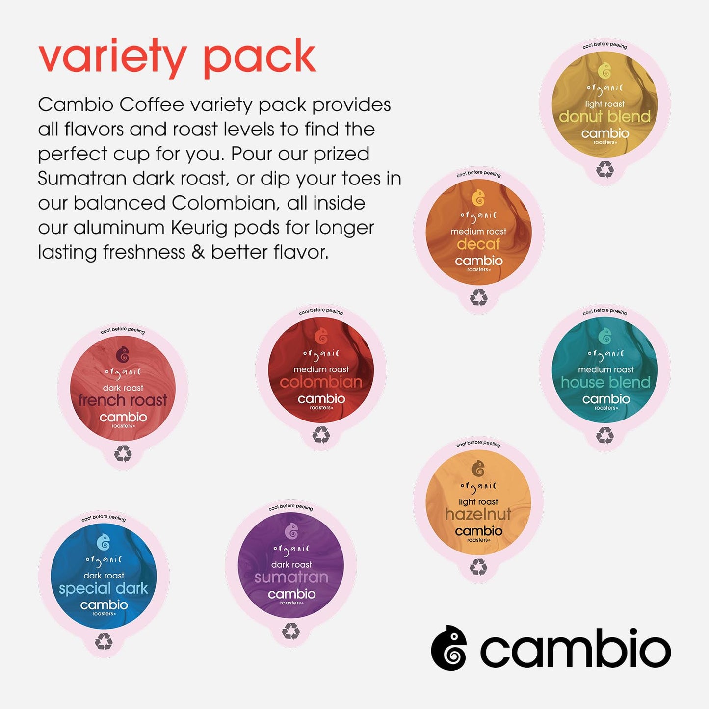 Cambio Roasters Keurig Coffee Pods Variety Pack, Only Aluminum Coffee K Cup for Better Taste, Longer Lasting Freshness, Includes Light Roast, Dark Roast, & Organic Decaf K Cups for Keurig, 32 Count