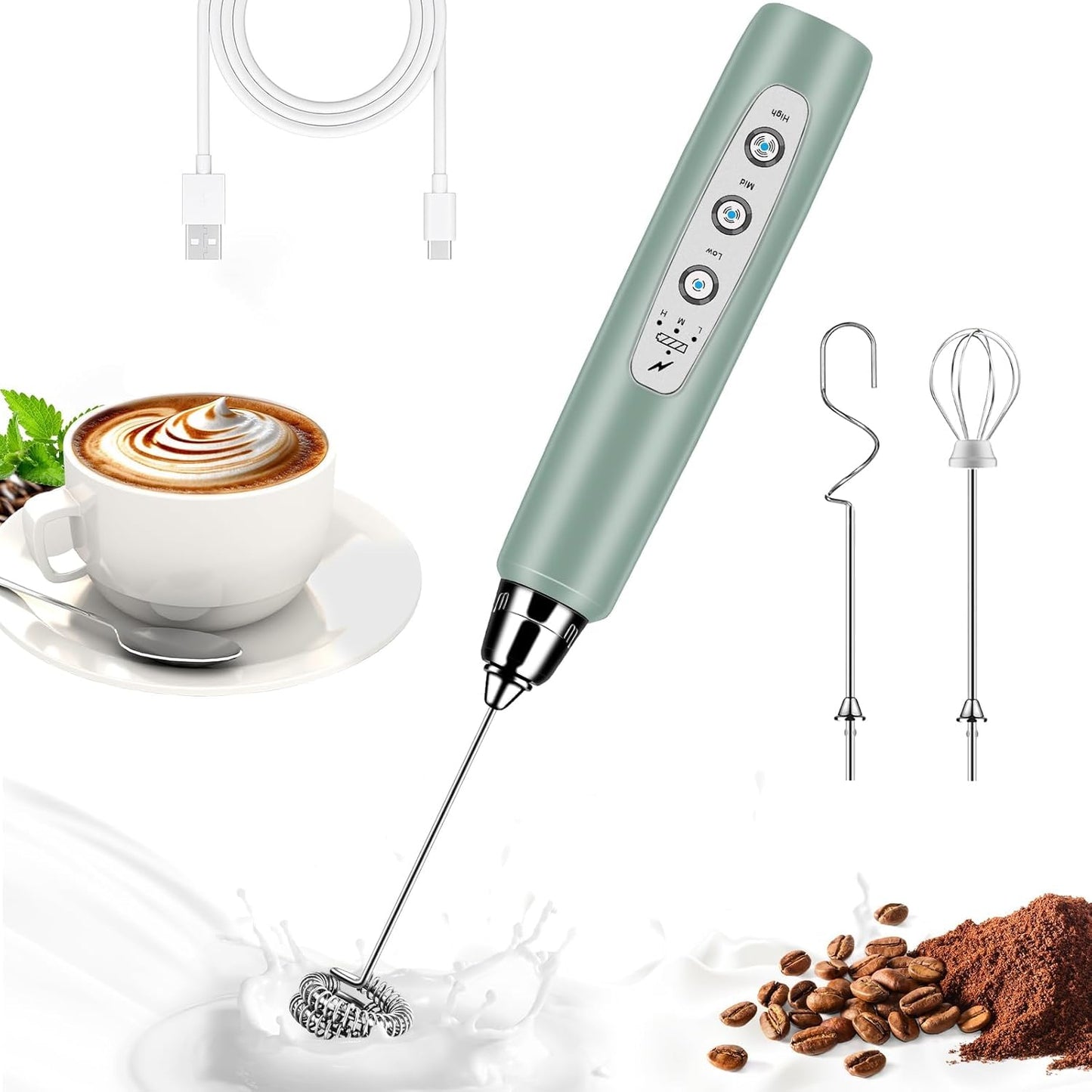 Milk Frother Handheld for Coffee, Electric Whisk 3 Speed Adjustable, Drink Mixer with Stainless 3 Whisks, Rechargeable Hand Frother Wand, Foam Maker for Latte Cappuccino Hot Chocolate Egg Green