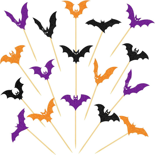 YQUQWN 24 PCS Halloween Black Orange Purple Glitter Bat Cupcake Decorations, Halloween Cupcake Selection, Suitable for Children's Birthday Party, Theme Party, Baby Shower Event Decoration Supplies