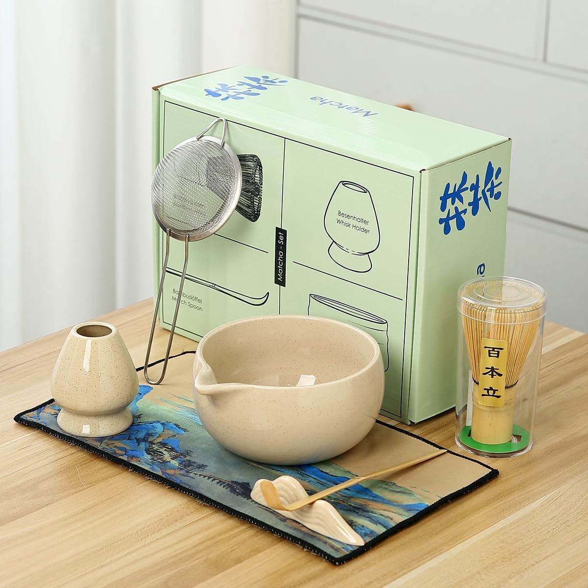 Matcha Set, 7 Pieces, Matcha Bowl with Spout, Whisk, Holder, Bamboo Scoop, Stainless Steel Sifter